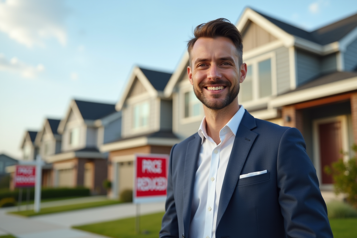 Agent immobilier devant maisons avec prix reduits