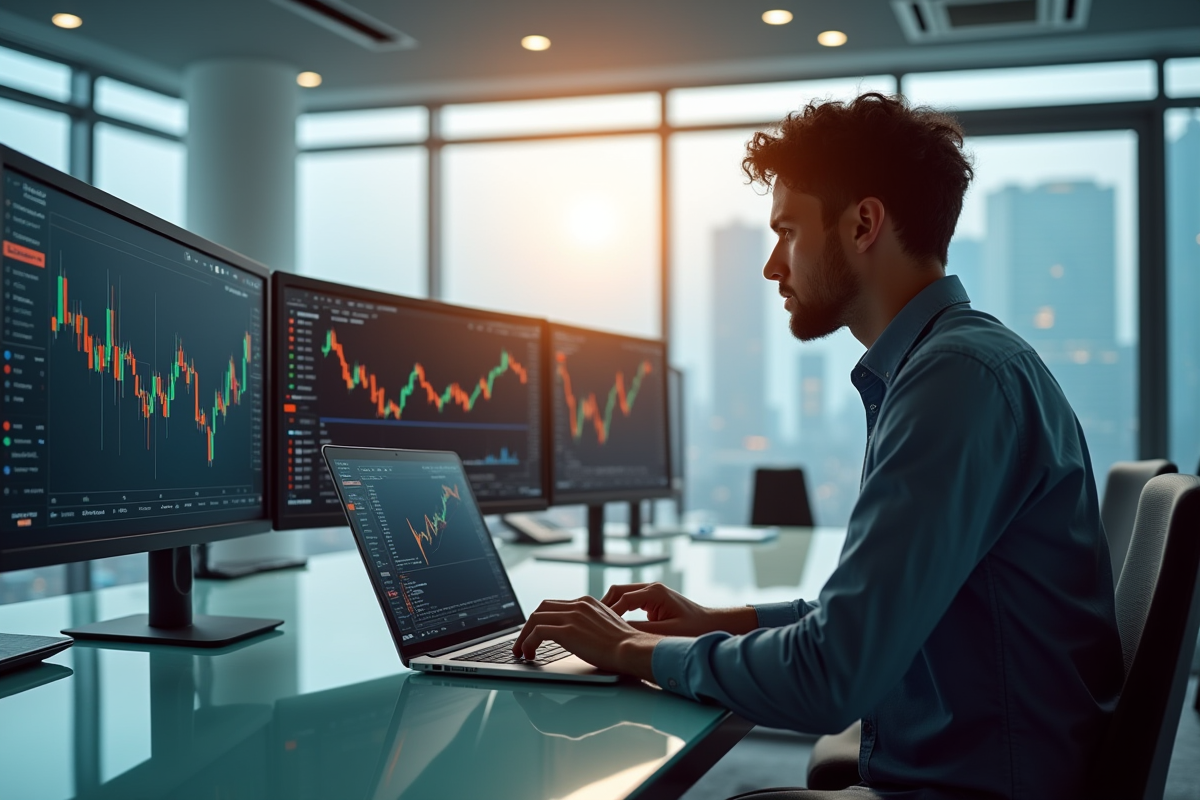 Jeune professionnel analysant des graphiques crypto sur un bureau lumineux