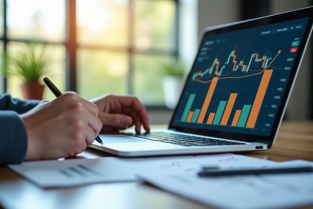 Personne analysant des graphiques financiers sur un ordinateur portable