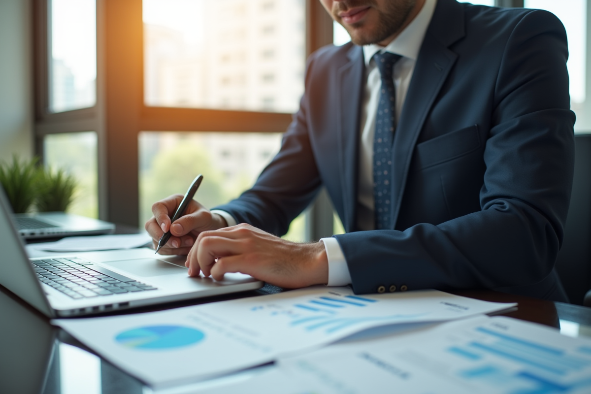 Personne d'affaires analysant des graphiques financiers au bureau