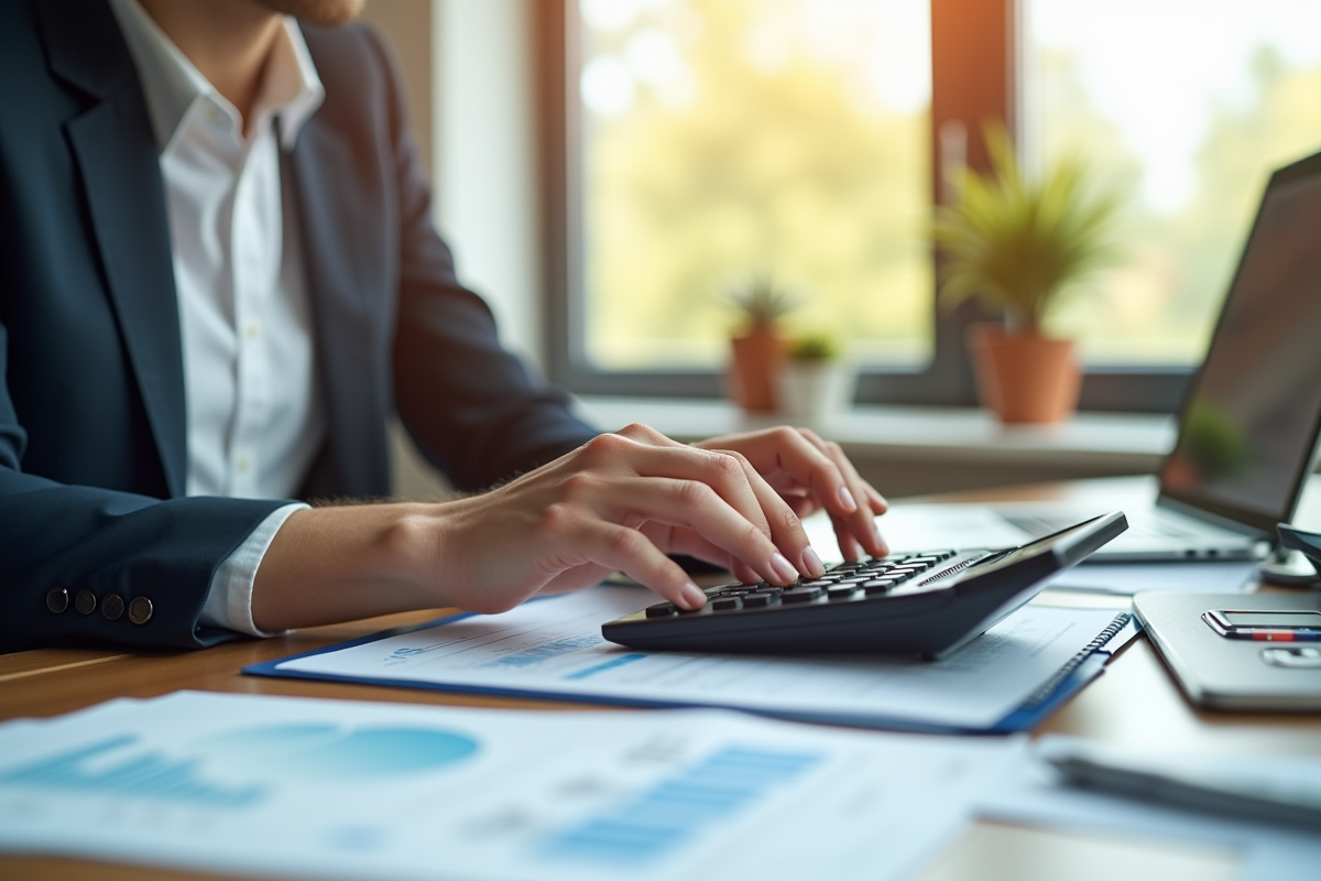 Professionnel en bureau moderne analysant documents financiers