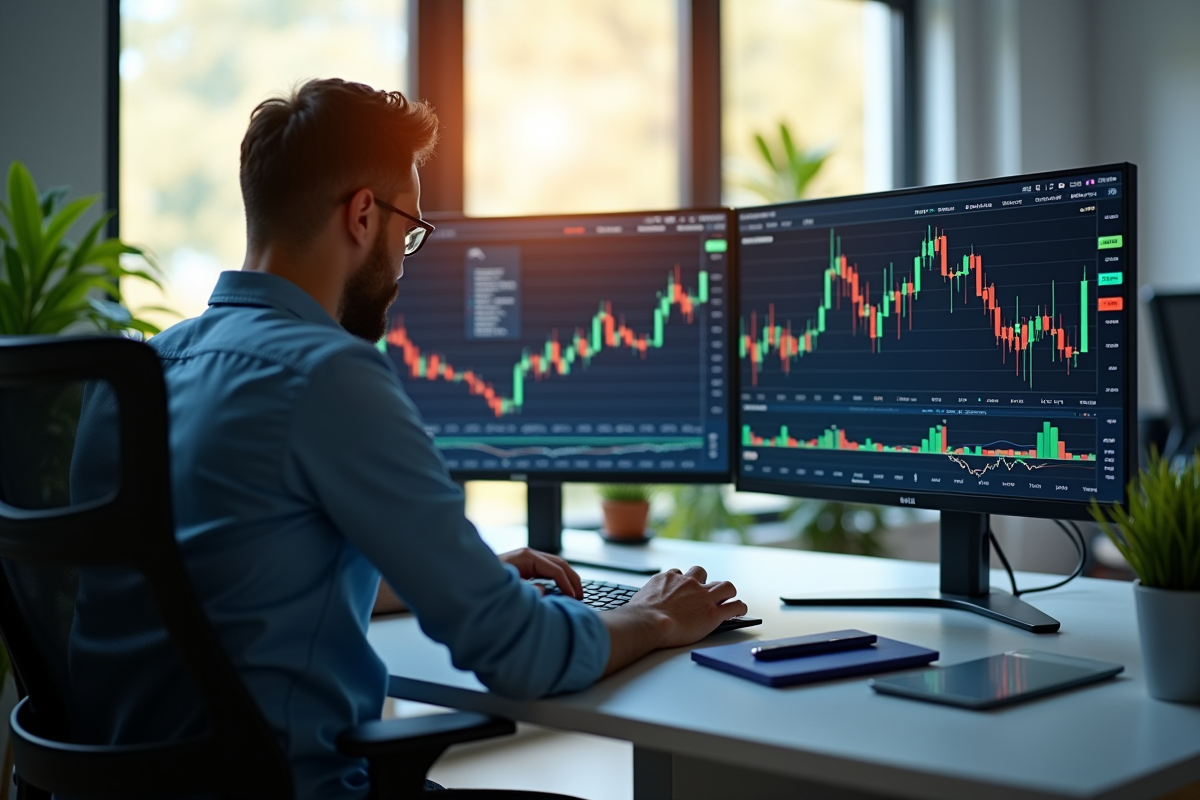 Analyste financier travaillant sur un ordinateur portable dans un bureau lumineux avec graphiques