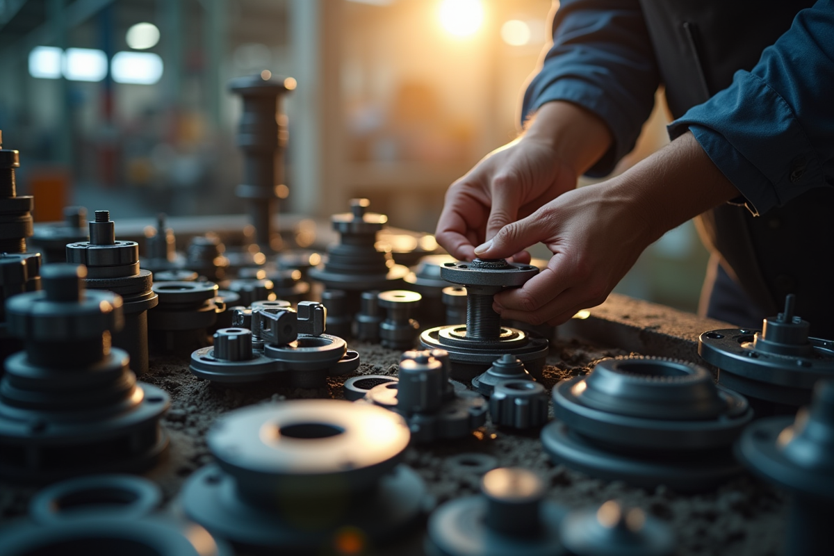 Mains assemblant des pièces mécaniques dans un atelier lumineux
