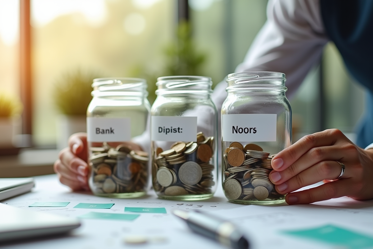 Banquier expliquant trois jars avec pièces et billets à des clients dans un bureau lumineux