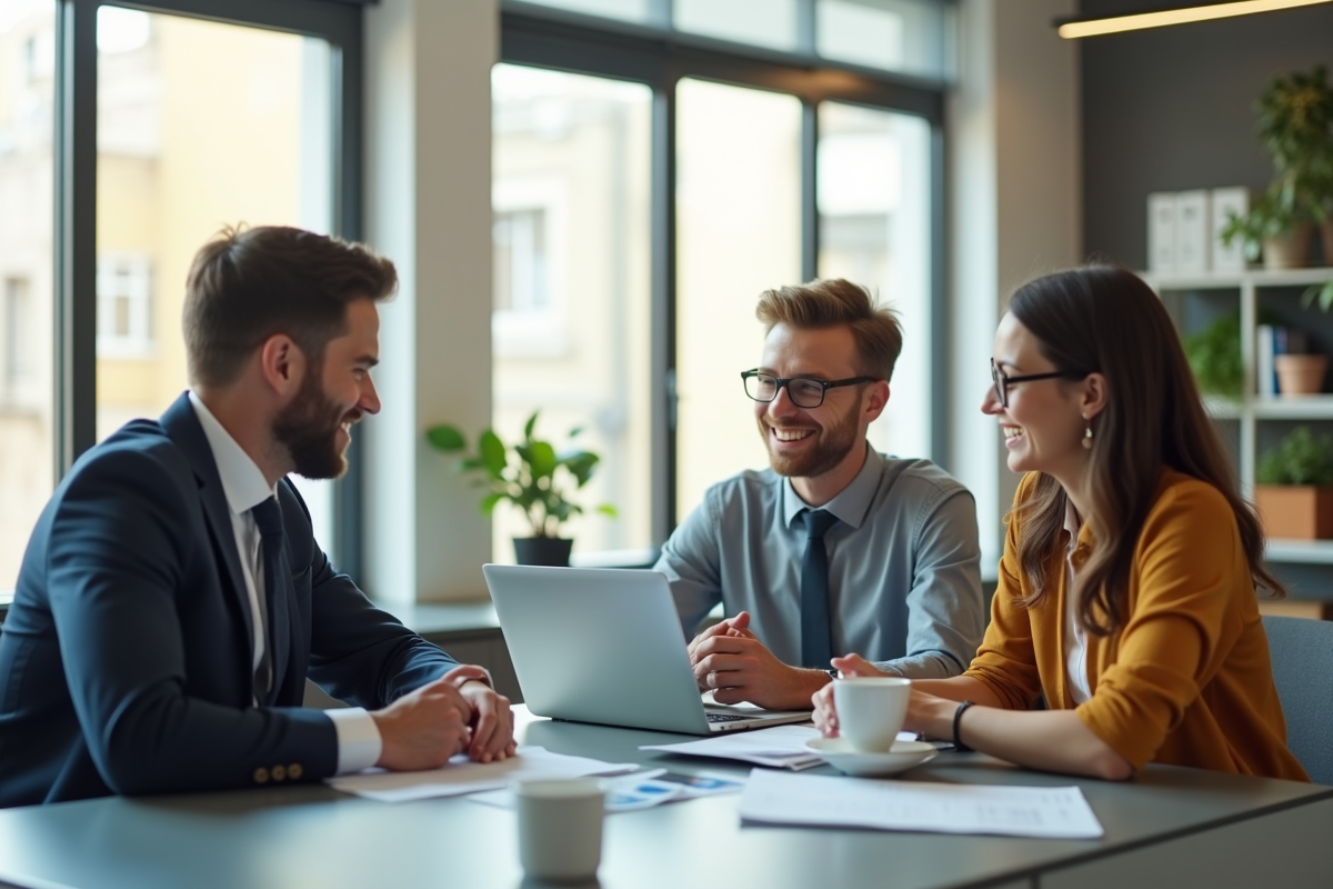 Banquier souriant expliquant un prêt à un couple dans un bureau lumineux