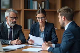 Banquière professionnelle conseillant un couple en banque