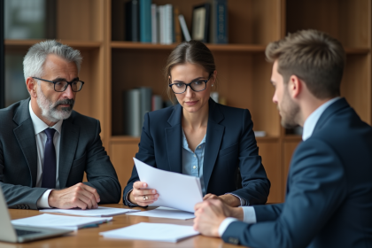 Banquière professionnelle conseillant un couple en banque
