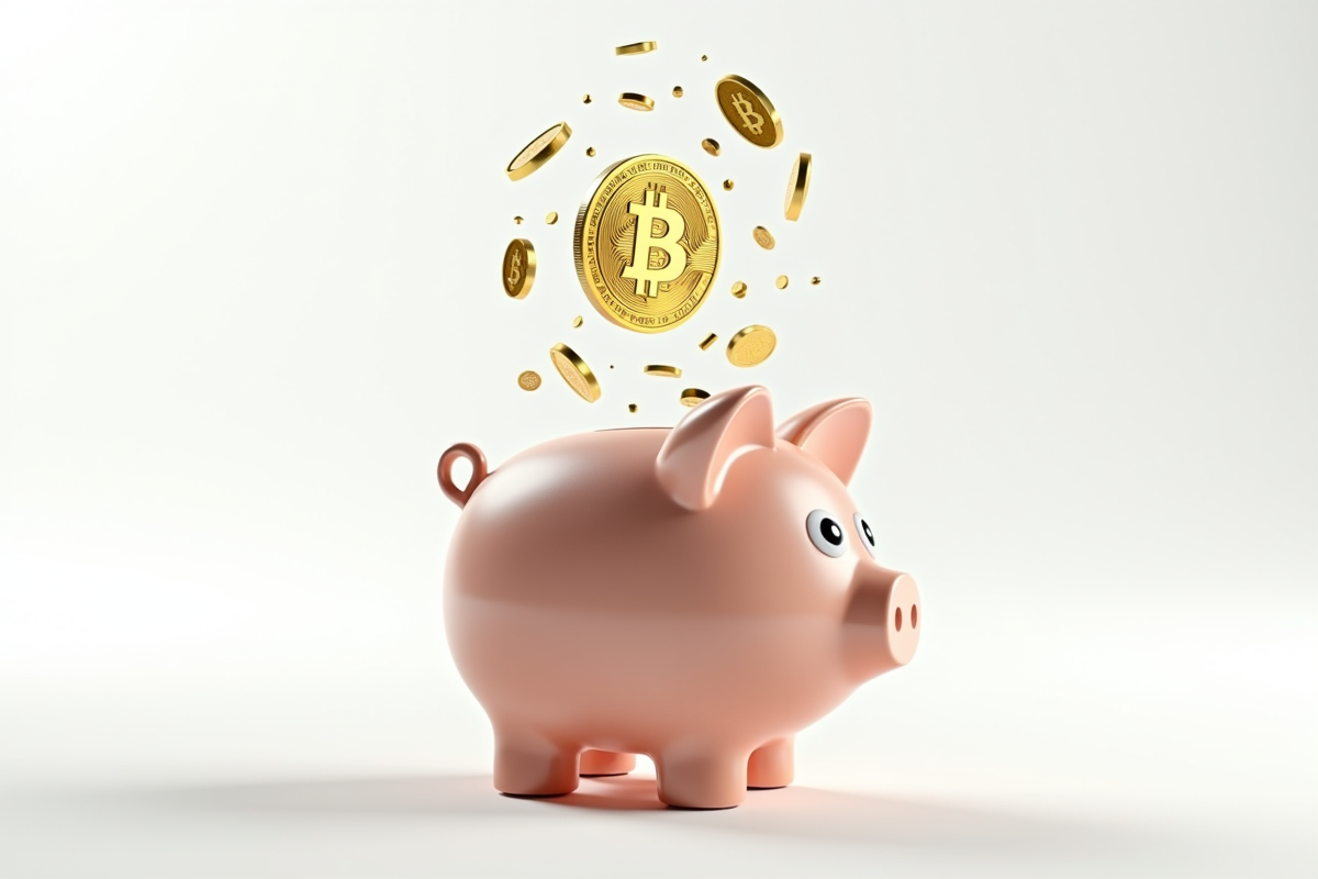 Pièce de Bitcoin tombant dans un tirelire qui se brise