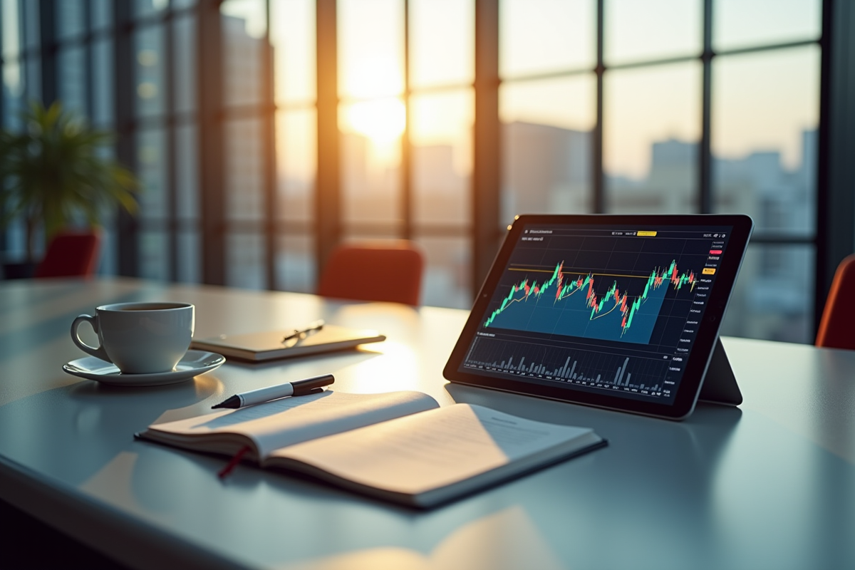Bureau moderne avec graphiques financiers et tablette