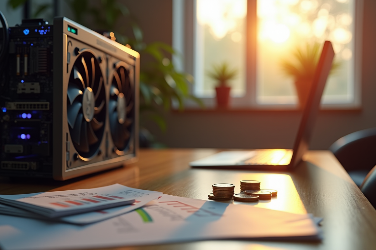 Bureau avec setup GPU et pièces de crypto monnaie