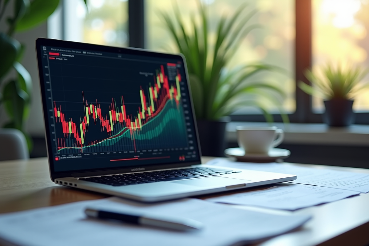 Espace de travail professionnel avec ordinateur affichant un graphique ETF coloré