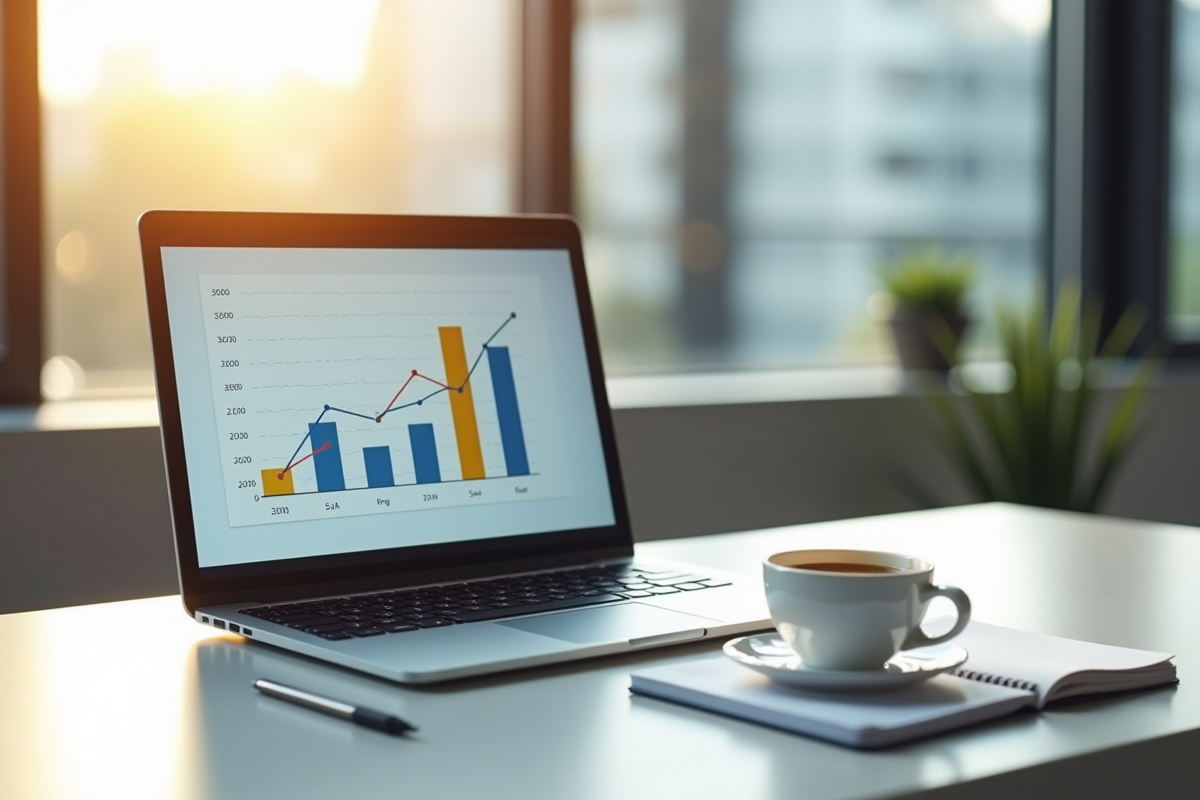 Espace de travail moderne avec ordinateur et graphique financier