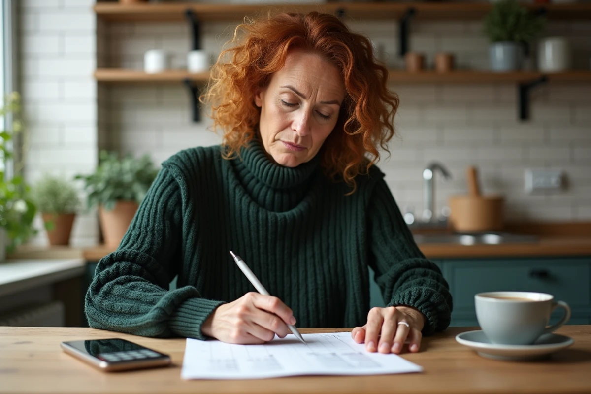 Femme calculant le montant de ses allocations chômage à domicile après signature d'une rupture conventionnelle