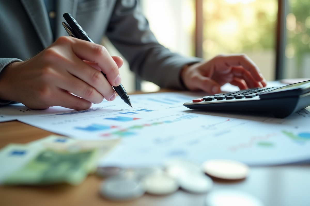 Main utilisant calculatrice et rapport financier avec monnaie