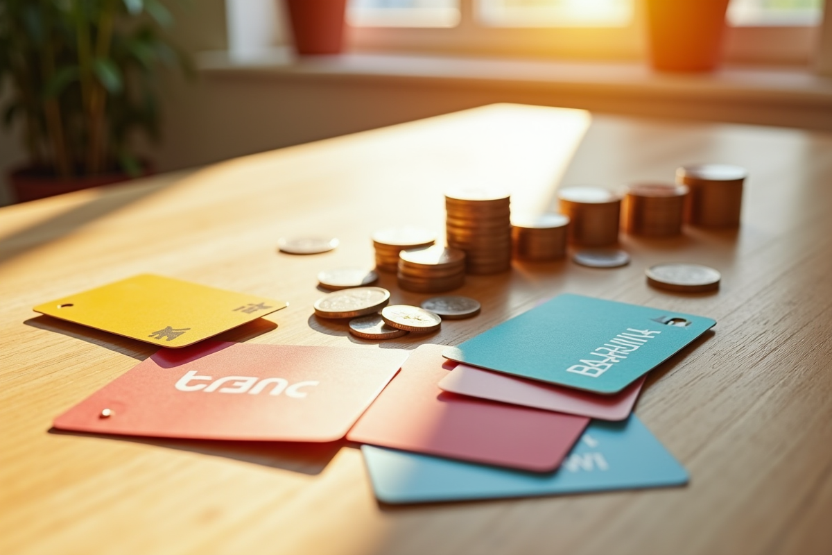Cartes de fidélité coupons et pièces sur table ensoleillée