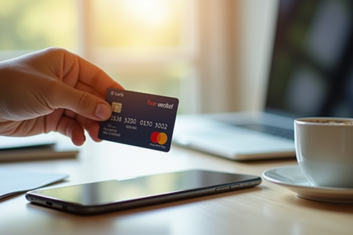 Main tenant une carte bancaire devant un smartphone avec application bancaire