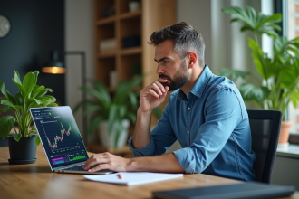 Chercheur homme examine des graphiques de cryptomonnaie et pièces vertes