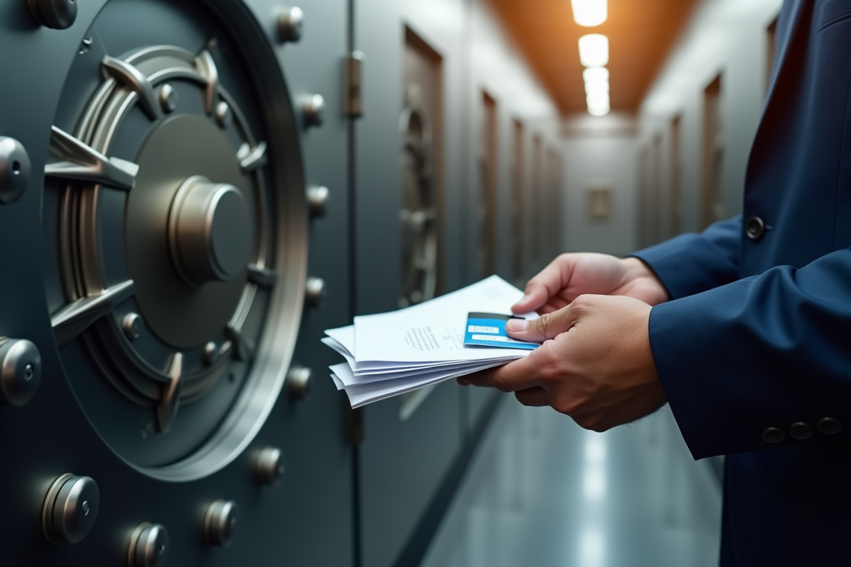 Coffre-fort bancaire avec mains tenant documents et carte d