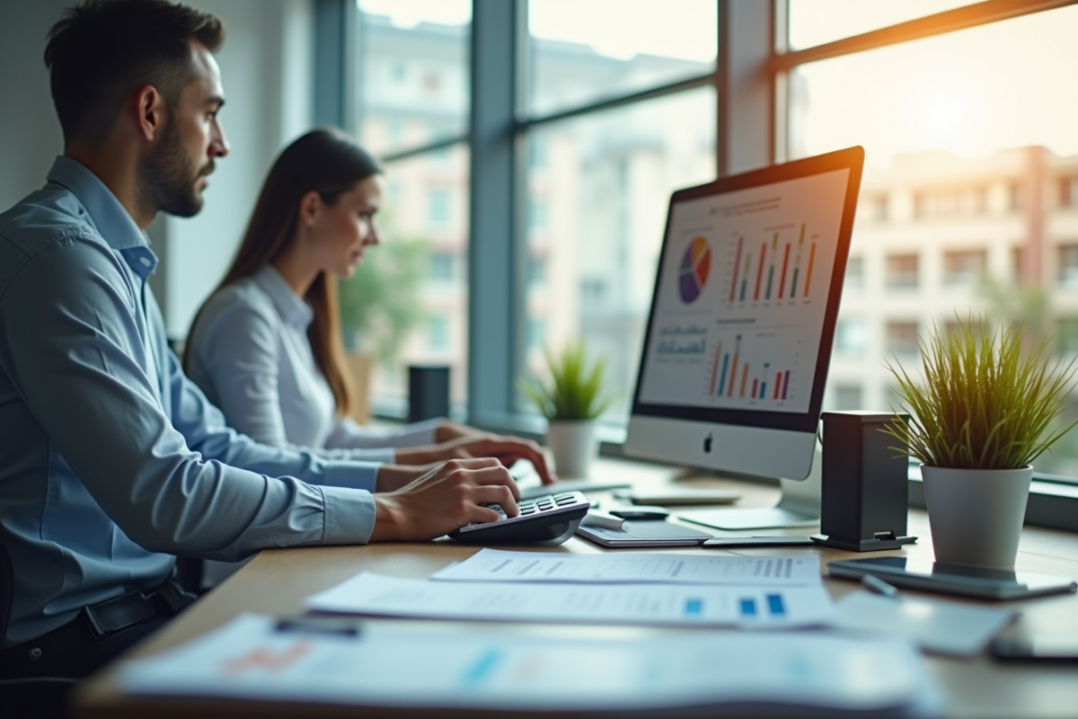 Comptable au bureau moderne avec graphiques financiers