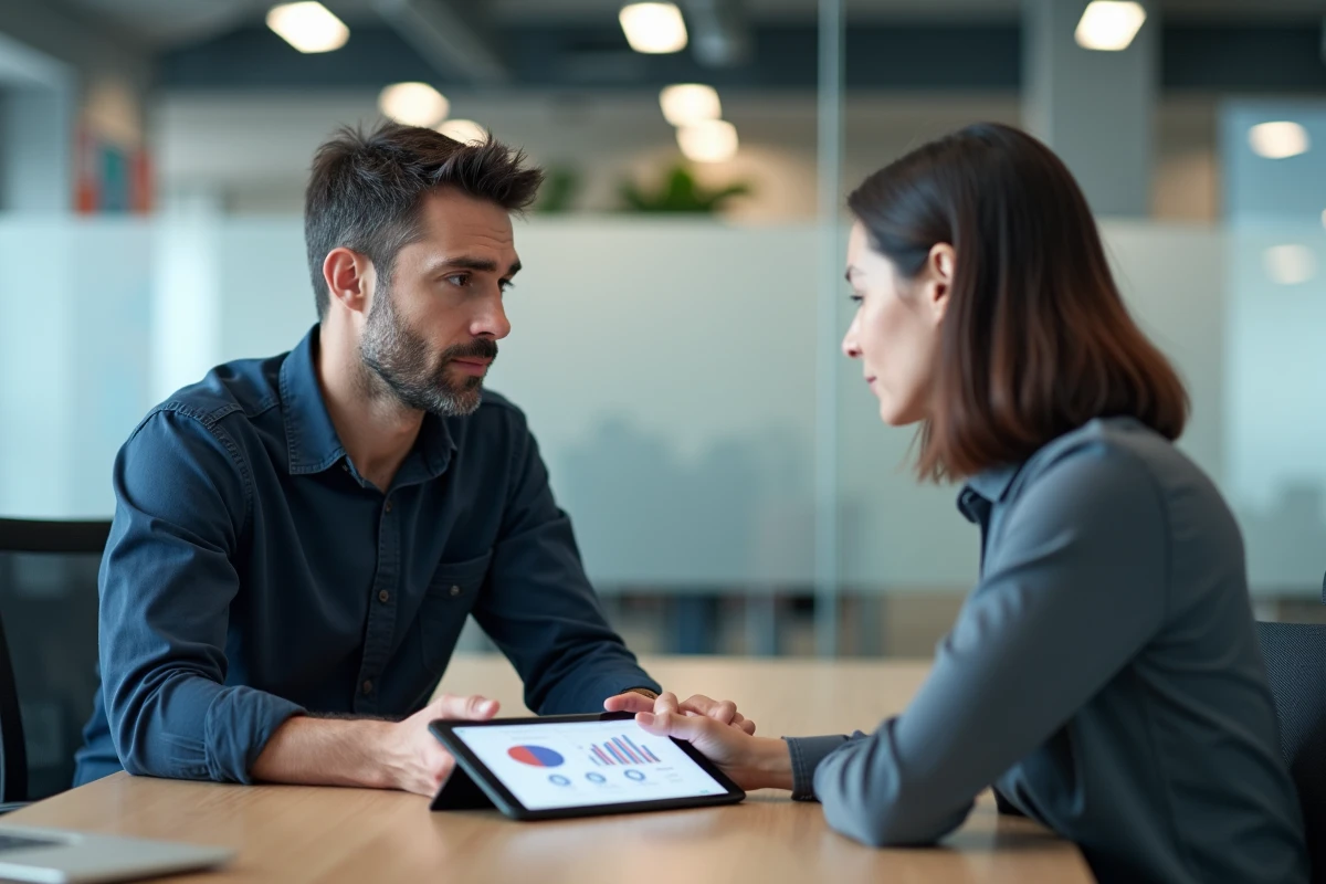 Homme en rendez-vous avec un conseiller Pôle emploi pour simuler ses droits au chômage après une rupture conventionnelle