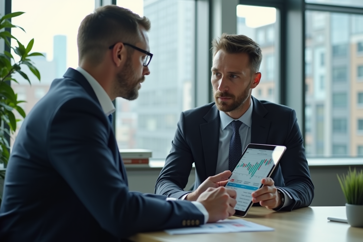 Conseiller financier avec un client en réunion professionnelle