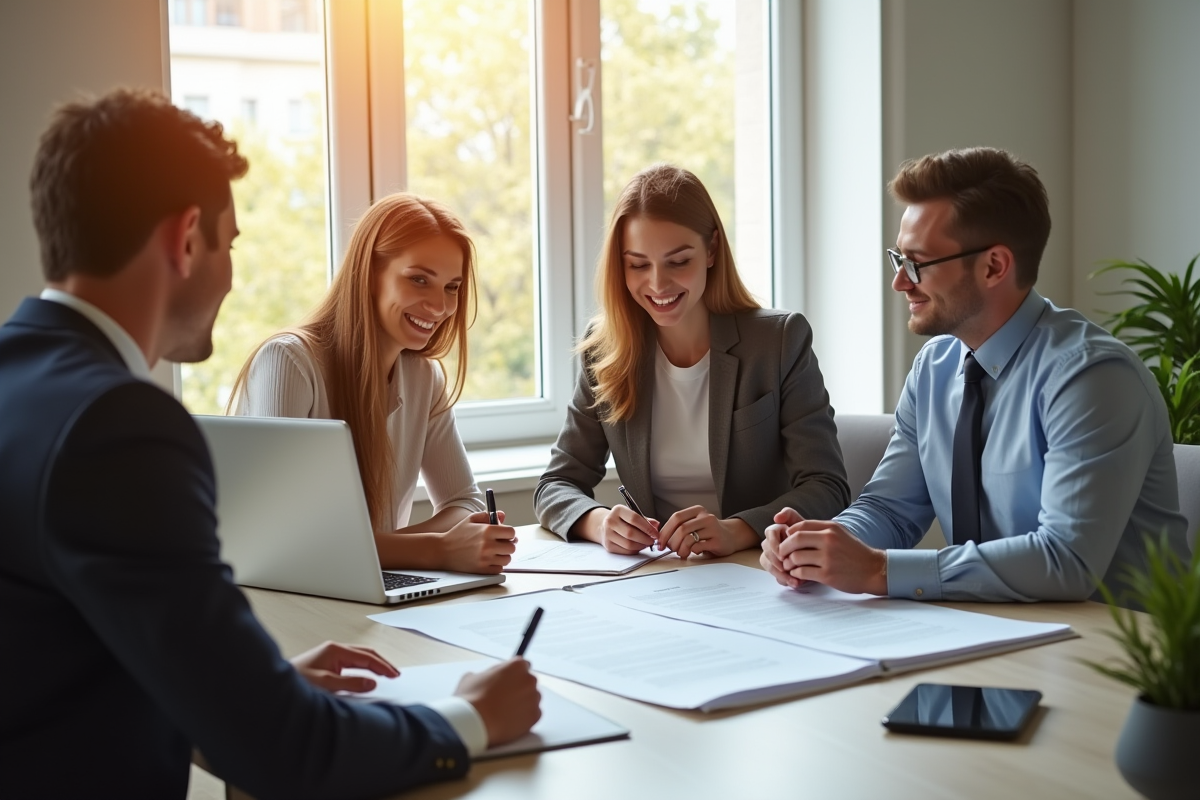 Conseiller financier avec un jeune couple lors d'une réunion