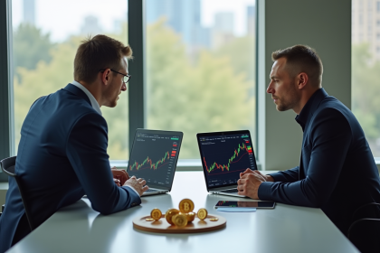 Conseiller financier discutant crypto avec client dans un bureau lumineux