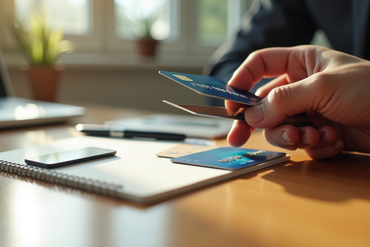 Main avec ciseaux sur une carte bancaire et table en bois clair