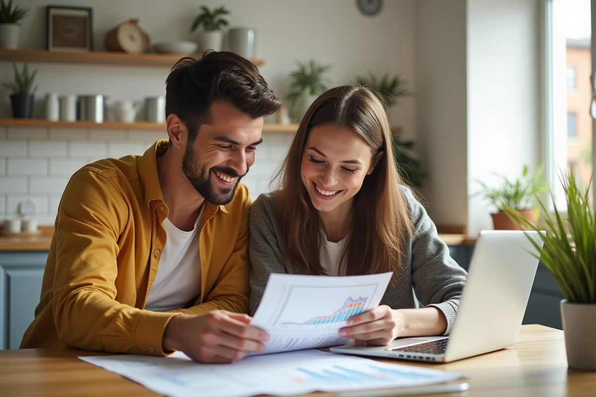 Jeune couple souriant avec documents de prêt immobilier