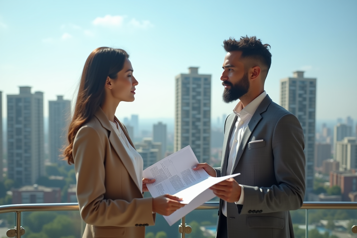 Couple discutant documents immobilier sur balcon en ville
