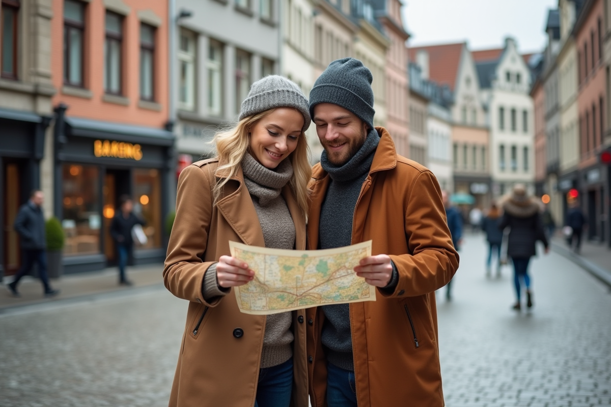 Jeune couple belge pointant une carte dans une place pavée à Bruxelles