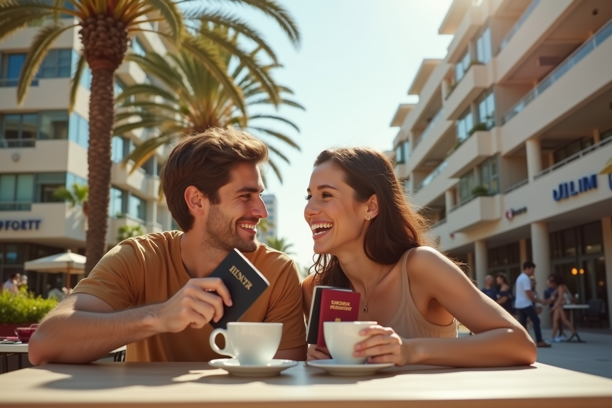 Jeune couple souriant au café avec passeports et cafés
