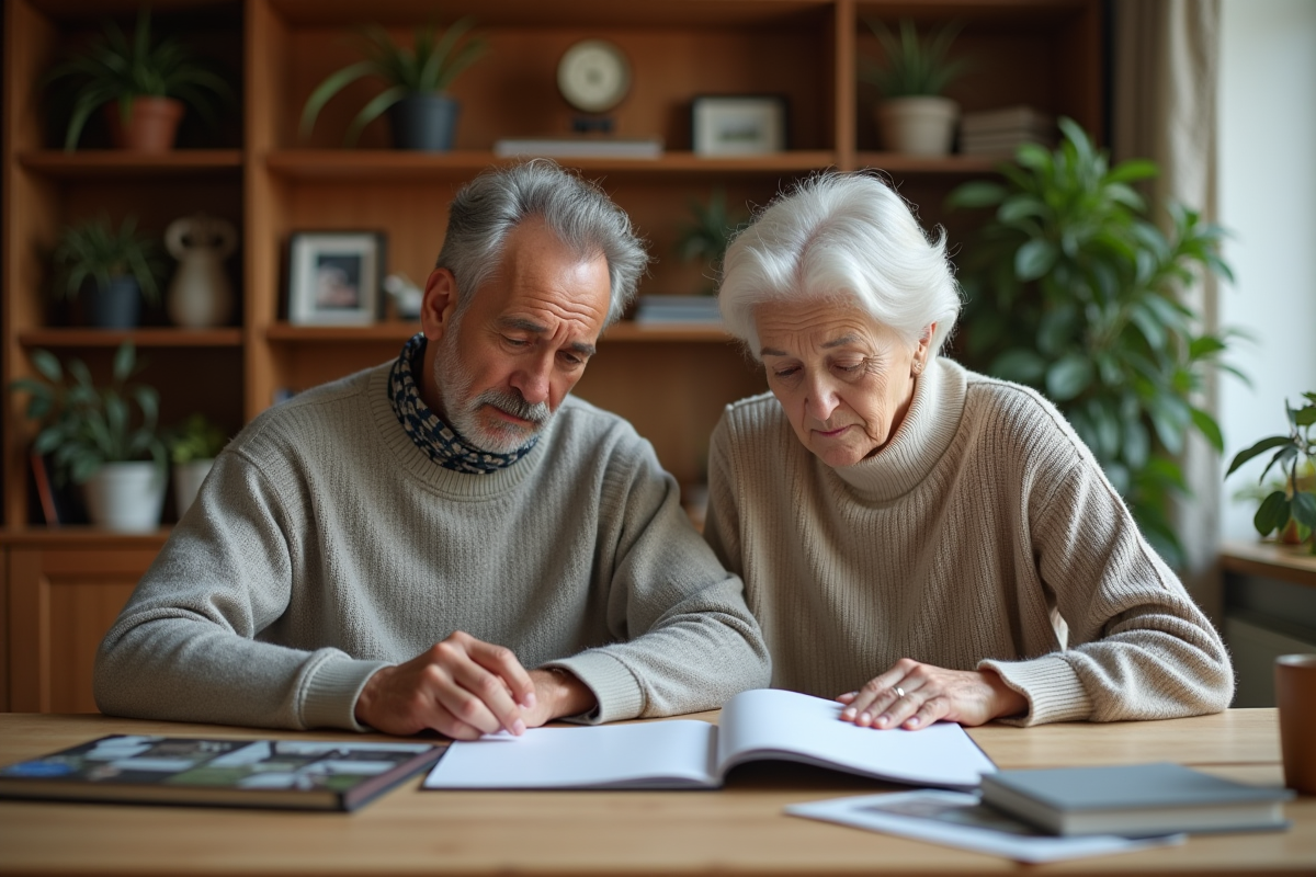 Un couple d'adultes examine des documents familiaux dans un intérieur chaleureux