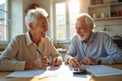 Couple agee souriant revoyant des documents de finances