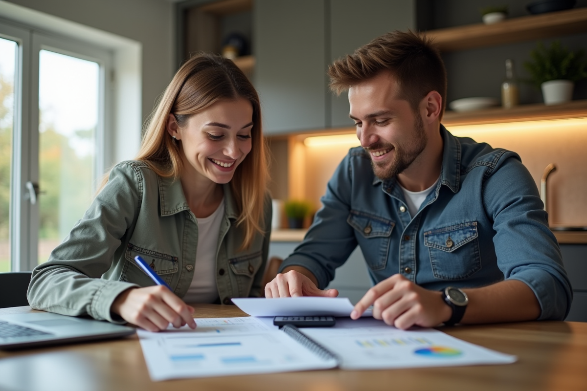 Jeune couple analysant documents d'investissement immobilier