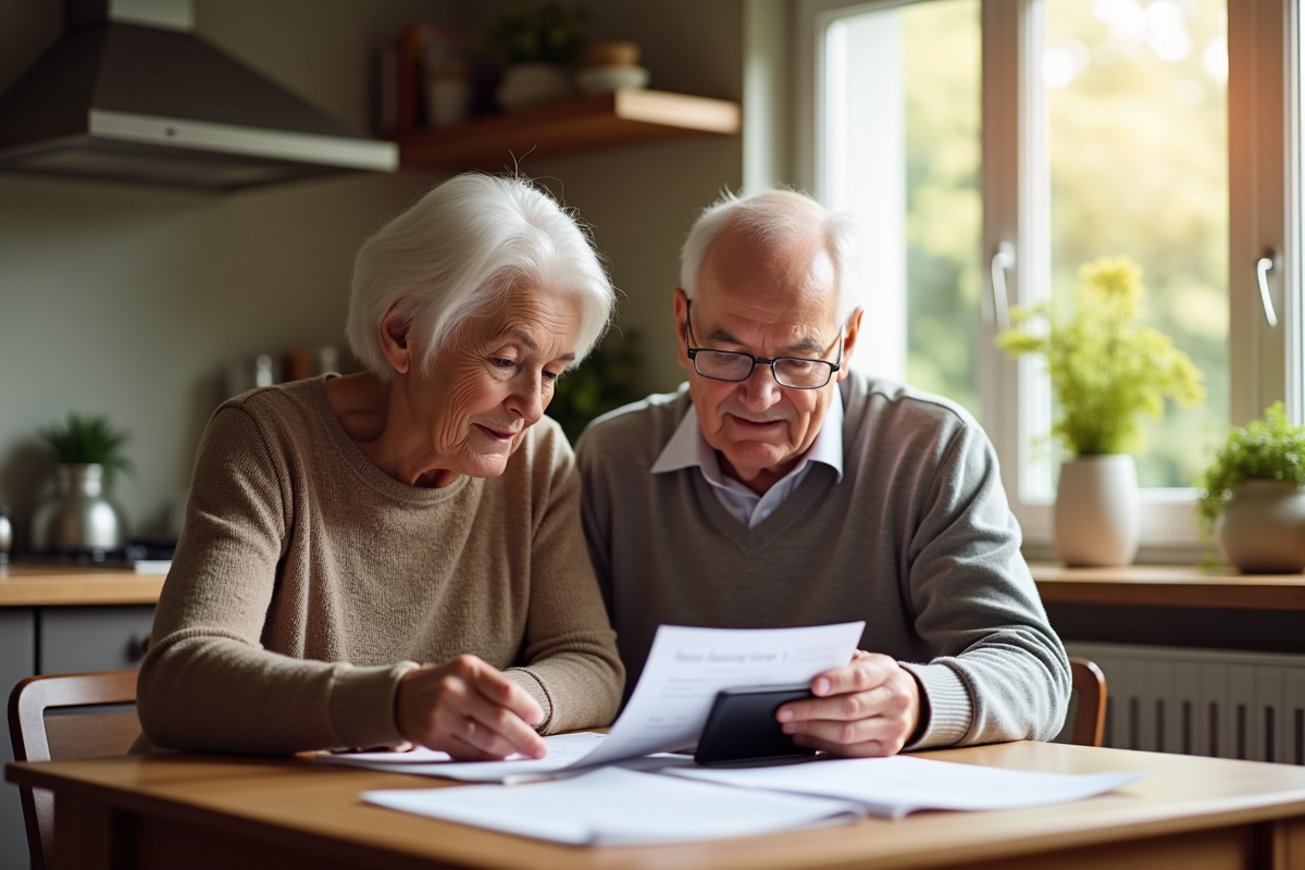 Couple âgé examinant documents de pension à la maison