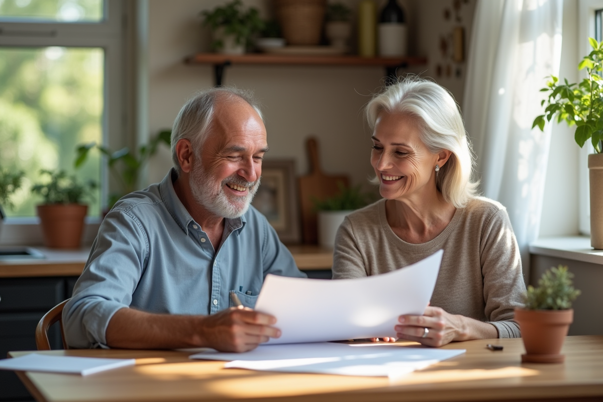 Couple mature souriant en révisant des documents importants