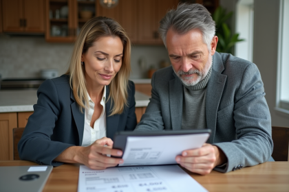 Couple d'adultes revoyant des factures à la maison