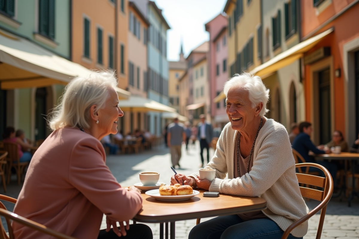 Couple senior souriant au café en ville européenne