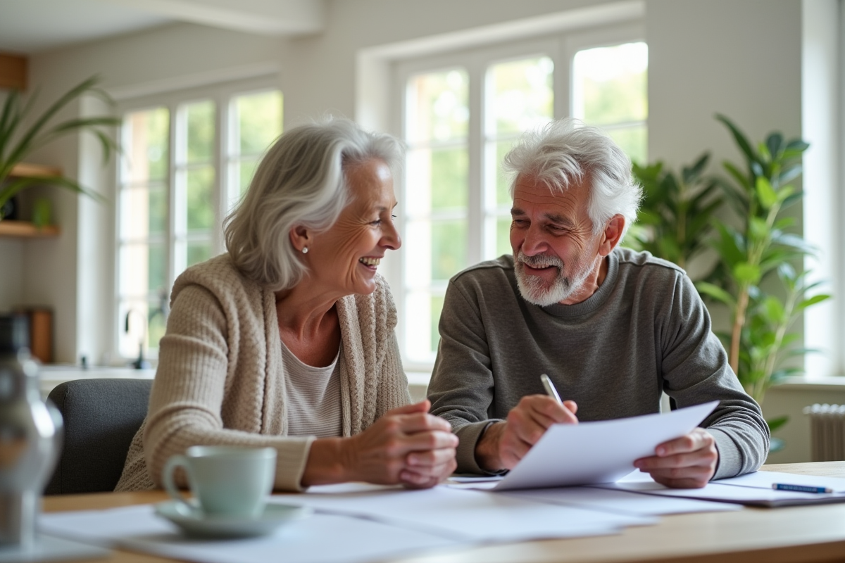Couple senior souriant dans la cuisine en France