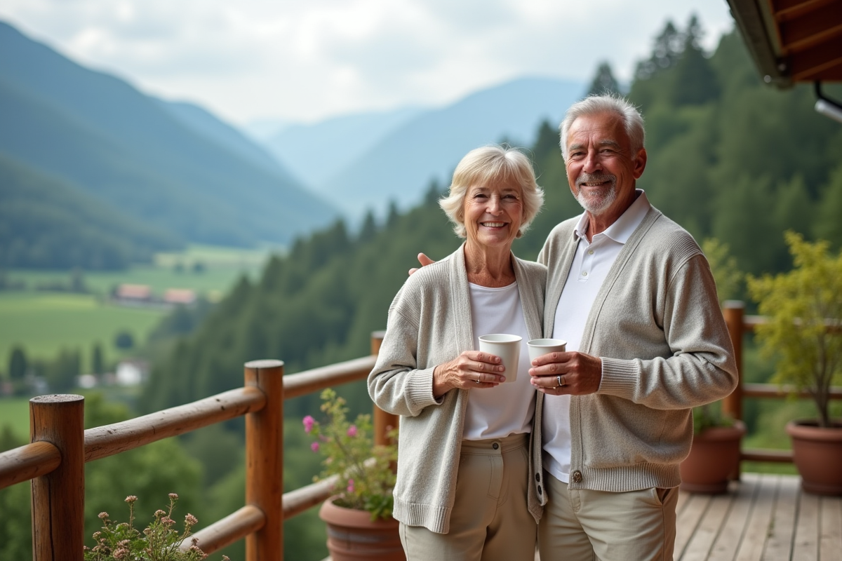 Couple senior souriant sur la terrasse avec vue sur la nature