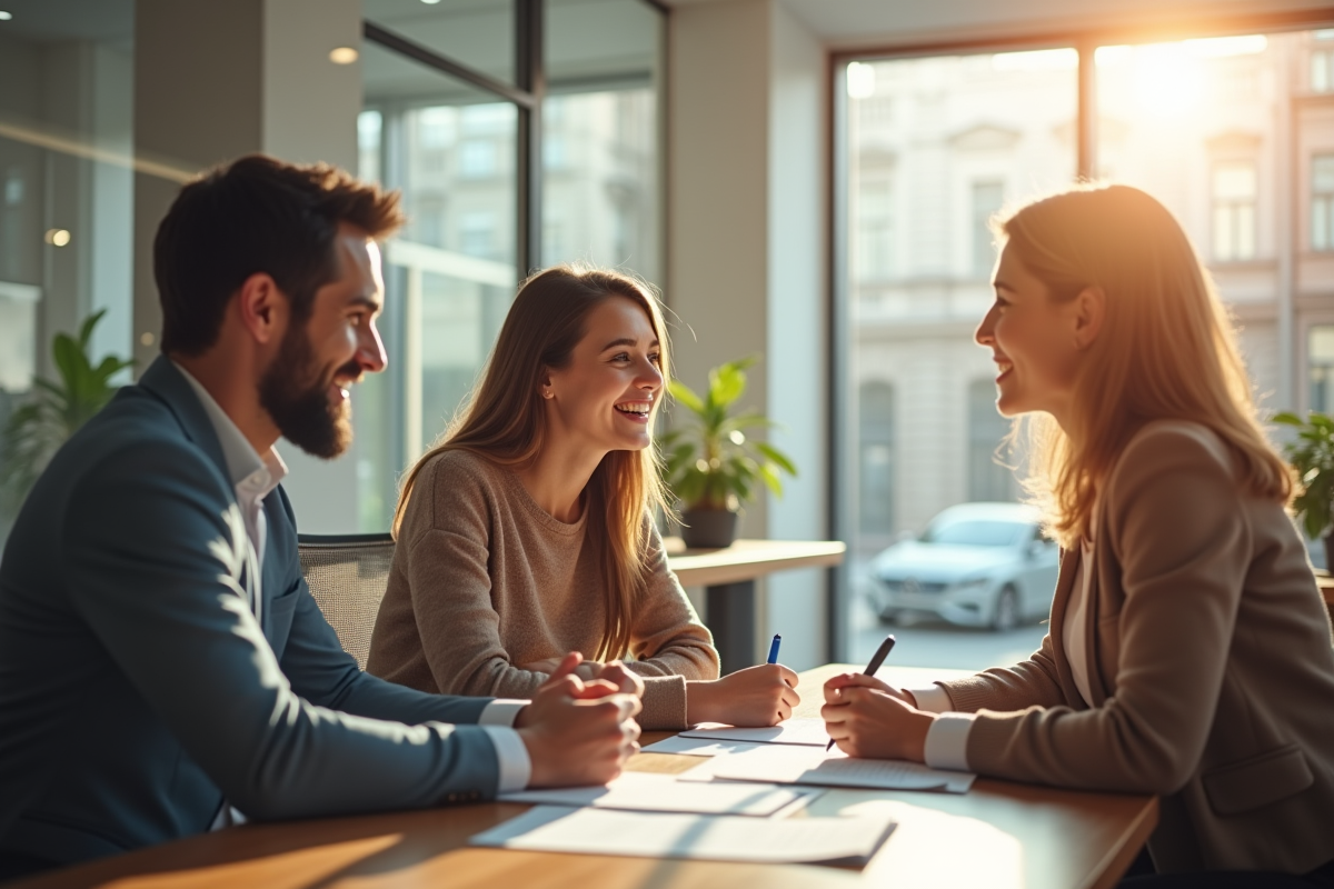 Jeune couple souriant signant un prêt à la banque