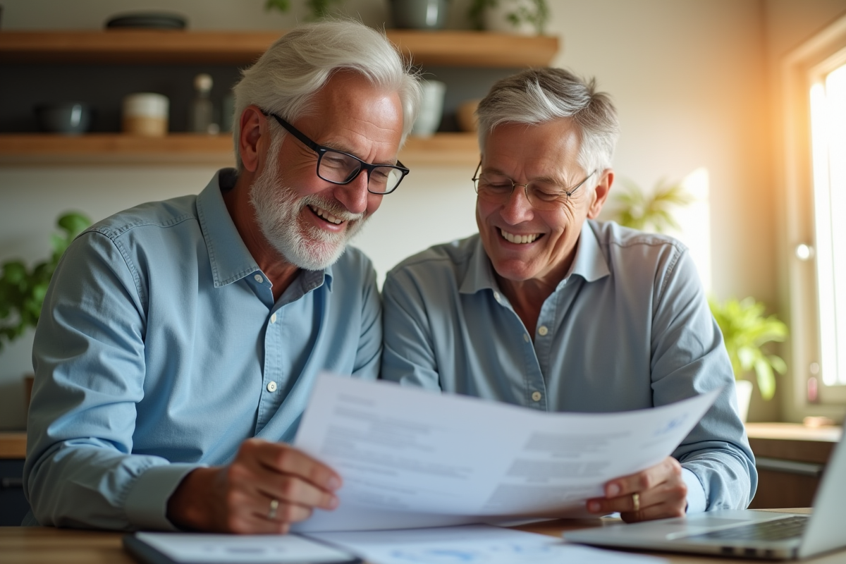 Couple souriant dans une cuisine moderne avec documents financiers