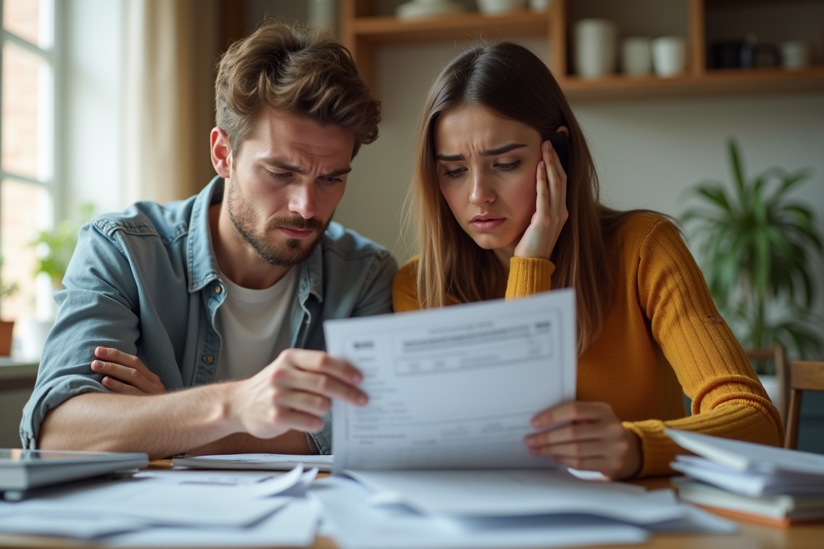 Jeune couple inquiet devant des factures à la maison