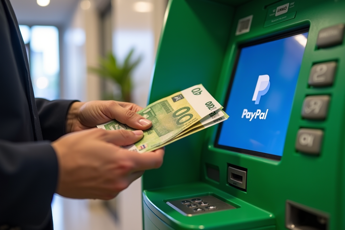 Main insérant des billets dans un distributeur automatique avec logo PayPal