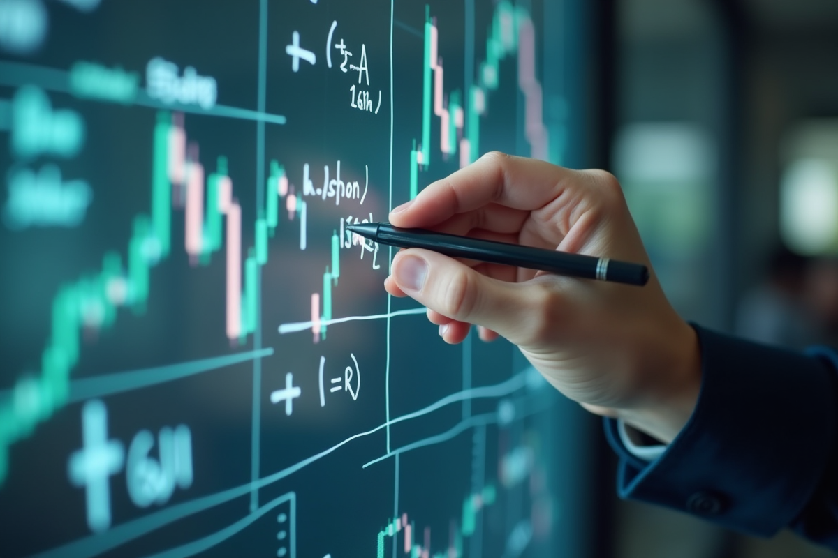Main dessinant des formules et stratégies de pivot sur un tableau blanc avec graphiques en arrière-plan