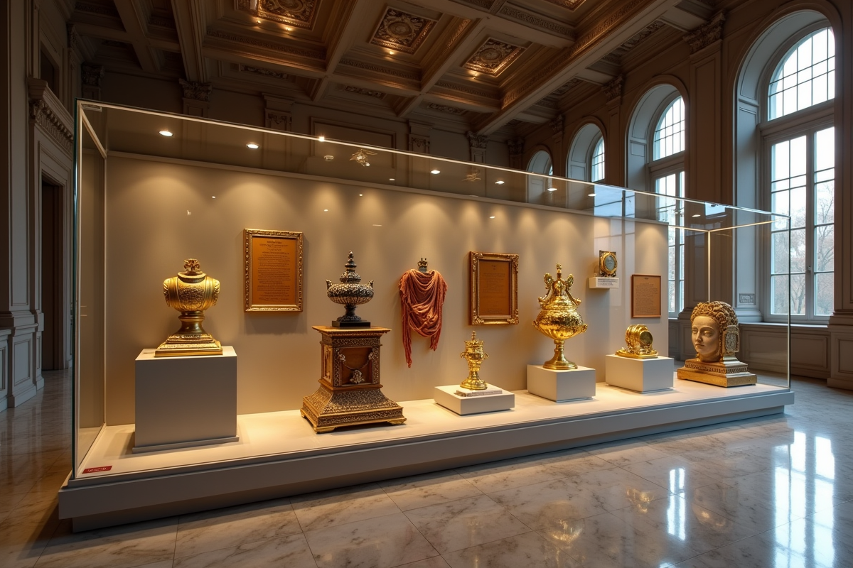Vitrine élégante avec des objets précieux du musée