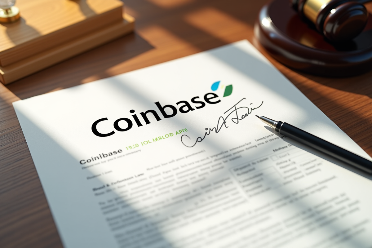 Document légal signé avec logo Coinbase et un marteau de juge
