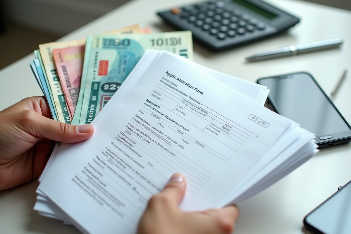 Main tenant des formulaires et billets de banque sur un bureau clair