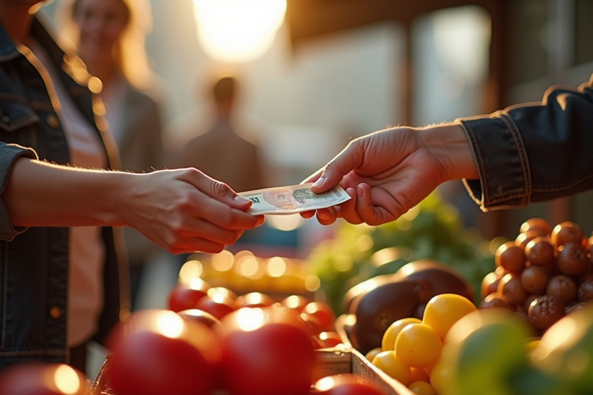 Main échangeant un billet contre des produits au marché en plein air